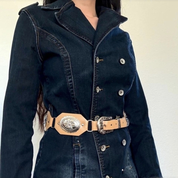 VtgjouJou Premium Denim Blue Jean Double Breasted Trench Coat Womens .Wide Lapel - Picture 2 of 8